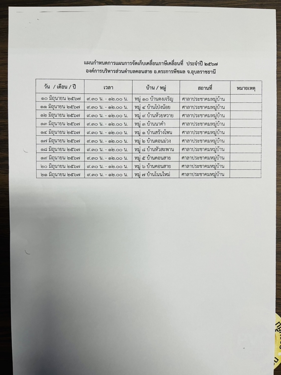 กำหนดการแผนการจัดเก็บเคลื่อนที่ภาษีเคลื่อนที่ ประจำปี 2567